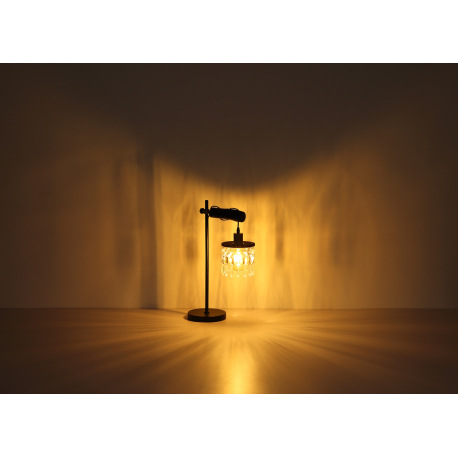 Stolová lampa, mosadz, drevo čierne, sklenené krištále, textilný kábel hnedý, s vypínačom na kábli, 6