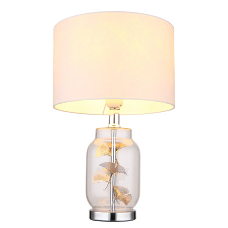 Stolové svietidlo, kov chróm, sklo priehľadné, biely textil, biely plast, priehľadný PVC kábel, kolí 4