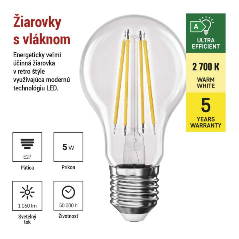 LED žiarovka Filament A60 A CLASS/ E27 / 5 W (75 W) / 1 060 lm / teplá biela 1