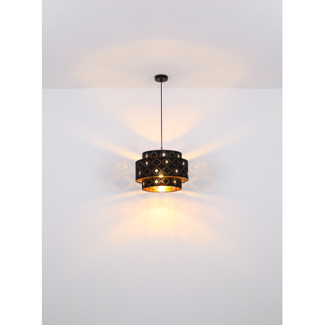 Závesné svietidlo, kov čierny, textil čierny, akrylové krištále priehľadné, tienidlo z vnútra zlaté, 12