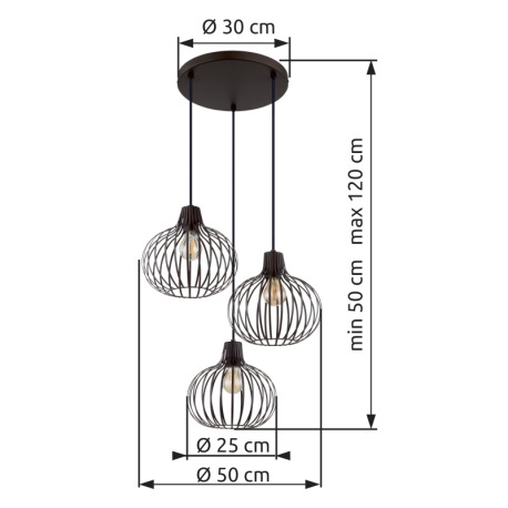 Závesné svietidlo, kov imitácia hrdze, čierny kábel PVC, možnosť skrátenia výšky, ø: 500mm, V: 1200m 12