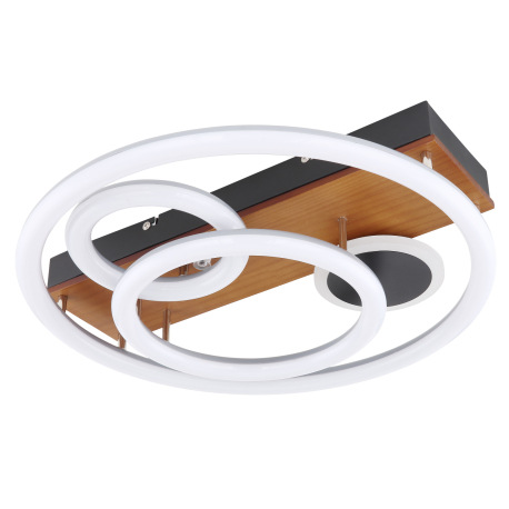 Stropné svietidlo, kov čierny, drevo hnedé, plast opál, stmievateľné, viackrokové ovládanie cez nást 2