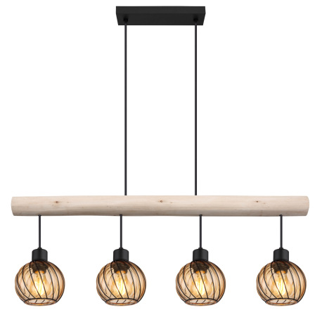Závesné svietidlo kov čierny matný, prírodné drevo, sklo jantárovej farby, kábel PVC čierny, výškovo 4