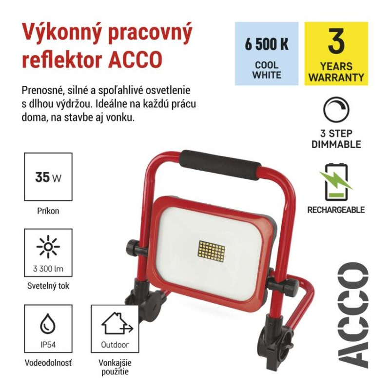LED reflektor ACCO nabíjací prenosný, 35 W studená biela 6