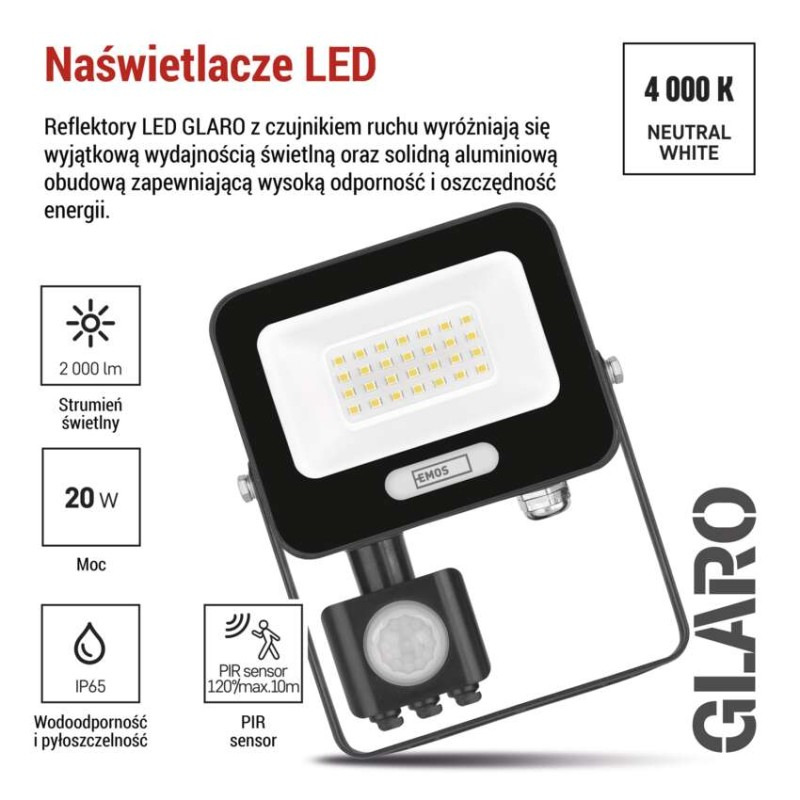 LED reflektor GLARO s pohybovým čidlom, 20 W, čierny, IP54, 2000 lm, neutrálna biela 10