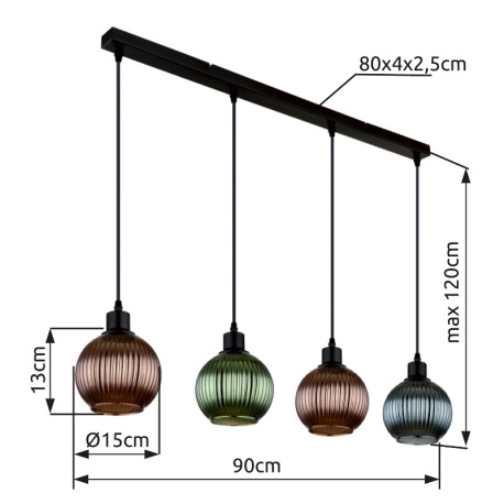 Závesné svietidlo, kov čierny, sklenené gule, kábel PVC čierny, nastaviteľná výška, farby skla: 1x z 11