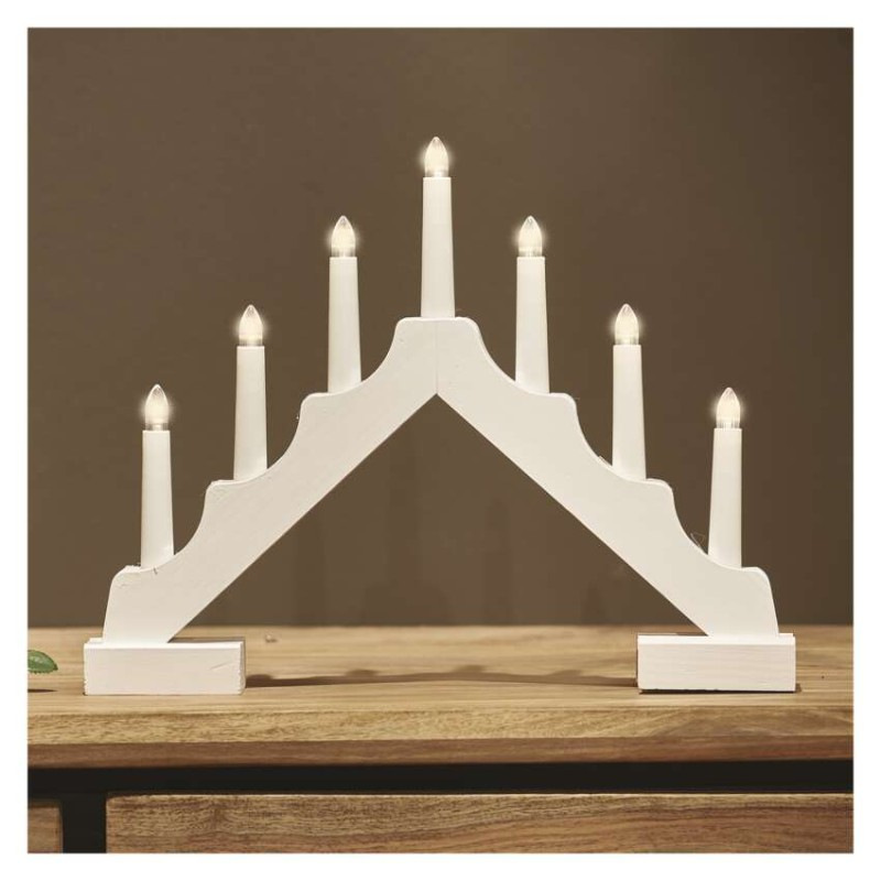 LED svietnik drevený biely, 29 cm, 2x AA, vnútorný, teplá biela, časovač 3