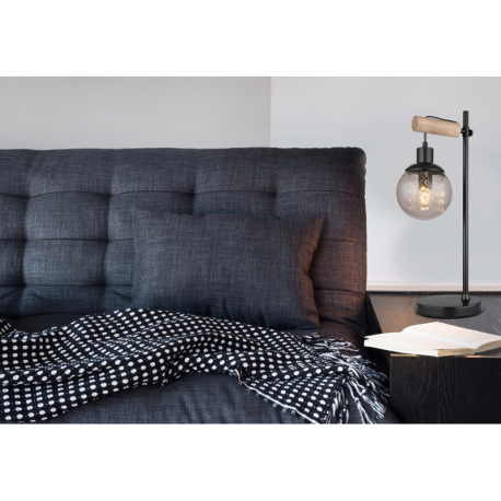 Stolová lampa, kov čierny matný, drevo prírodnej farby, sklo dymové, plastové krištále priehľadné, k 1