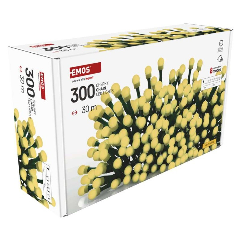 LED vianočná cherry reťaz – guličky, 30 m,vonk. aj vnútor.,teplá biela, programy, časovač 11