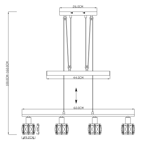 Závesné svietidlo, kov nikel matný, chróm, sklenený kryštál priehľadný, výškovo nastaviteľné, DxŠxV: 15