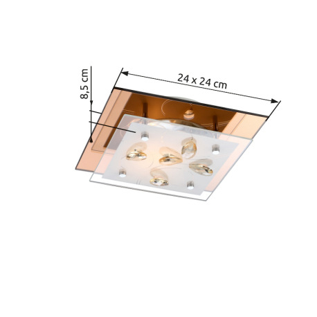 Stropné svietidlo, jantár, biele sklo, K5 kryštály champagne, spodné sklo jantár, DxŠxV: 240x240x85, 4