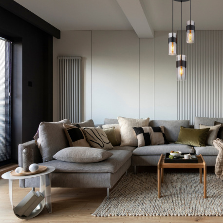 Závesné svietidlo, kov čierny matný, sklo dymovej farby, textilný kábel čierny, možnosť skrátenia vý 8