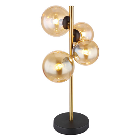 Stolová lampa, kov čierny, kov mosadz, sklo jantárové, s vypínačom na kábli, DxŠxV:240x190x480mm, dĺ