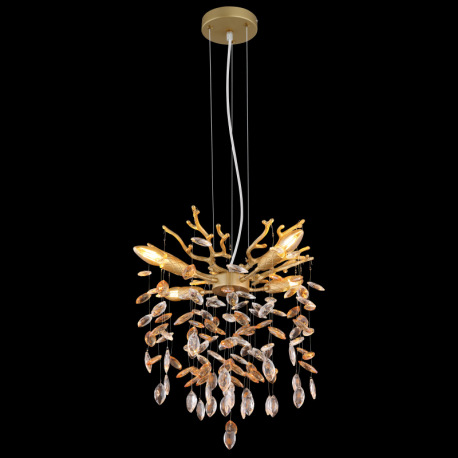 Závesné svietidlo, kov zlatej farby matný, sklenené krištále jantárové, číre, kábel PVC, výškovo nas 2