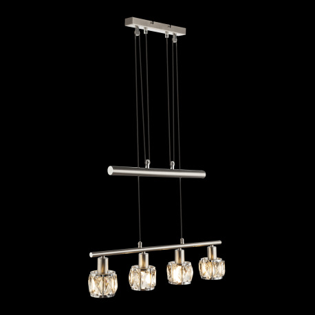 Závesné svietidlo, kov nikel matný, chróm, sklenený kryštál priehľadný, výškovo nastaviteľné, DxŠxV: 3