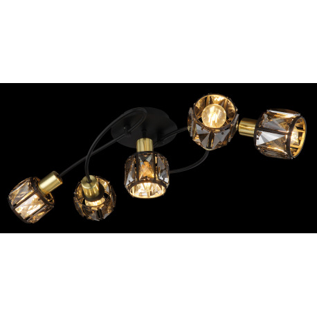 Stropné svietidlo, kov čierny, kov zlatý, sklenené krištále dymové, DxŠxV:615x360x210mm, bez 5x E14, 2