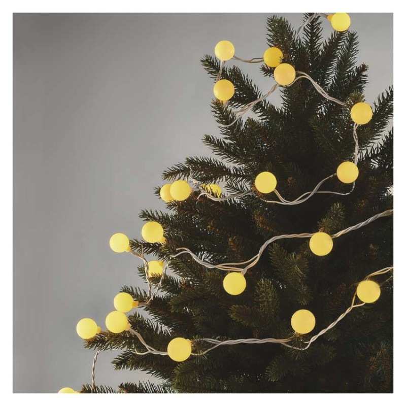 LED svetelná cherry reťaz – guličky 2,5cm, 4m, vonkajšia aj vnútorná, teplá biela, časovač 4