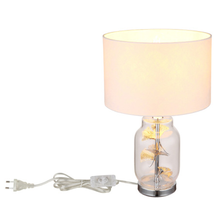 Stolové svietidlo, kov chróm, sklo priehľadné, biely textil, biely plast, priehľadný PVC kábel, kolí 16