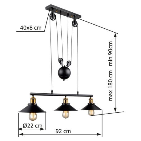 Závesné svietidlo, kov čierny, stará mosadz, výškovo nastaviteľné, 90-180 cm, DxŠxV:920x220x1800, be 16