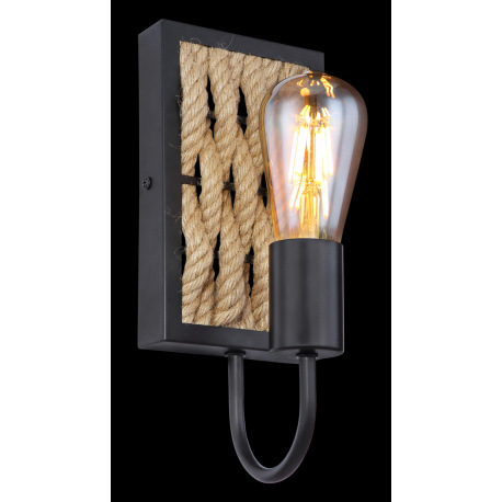 Nástenné svietidlo, kov čierny matný, konopné lano, ŠxV:120x280, H:130, bez žiarovky 1xE27, max. 60W 2