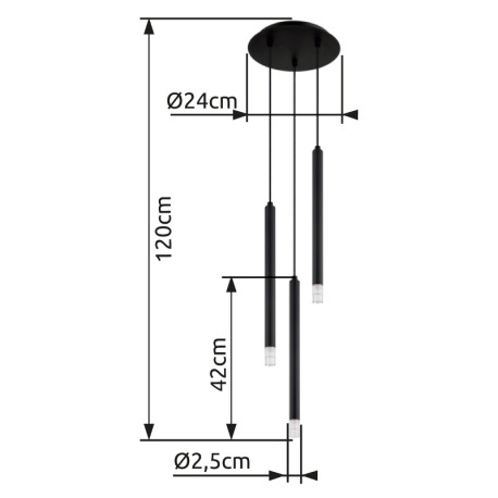 Závesné svietidlo, kov čierny, akryl satinovaný, číry, kábel PVC čierny, ø: 240 mm, V: 1200 mm, bez 8