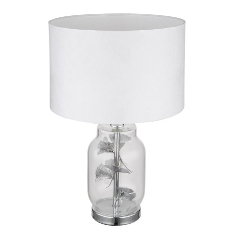 Stolové svietidlo, kov chróm, sklo priehľadné, biely textil, biely plast, priehľadný PVC kábel, kolí 13