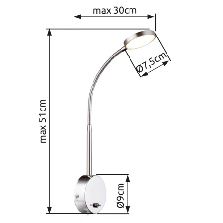Nástenné svietidlo, hliník, chróm, sklo satinované, kábel 1,5m, vypínač, DxŠxV: 300x90x510, vrátane 6