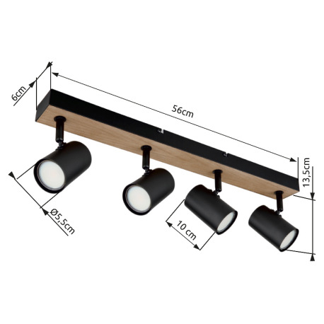Stropné svietidlo kov čierny matný, MDF, imitácia tmavého dreva, DxŠxV: 555x60x135mm, bez žiaroviek 12