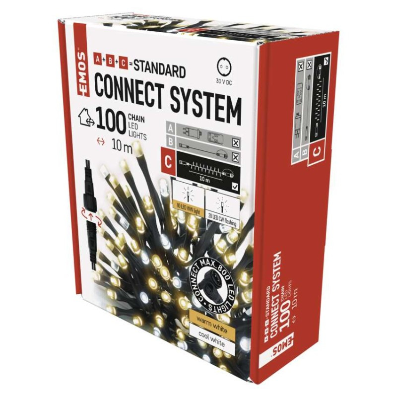 Standard LED spojovacia vianočná reťaz blikajúca, 10 m, vonkajšia, teplá/studená biela