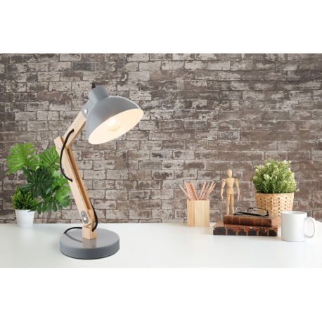 Stolová lampa, kov sivý, drevo, kábel 1,5m, vypínač, DxŠxV: 320x160x450, bez žiarovky 1xE27, max. 40 1