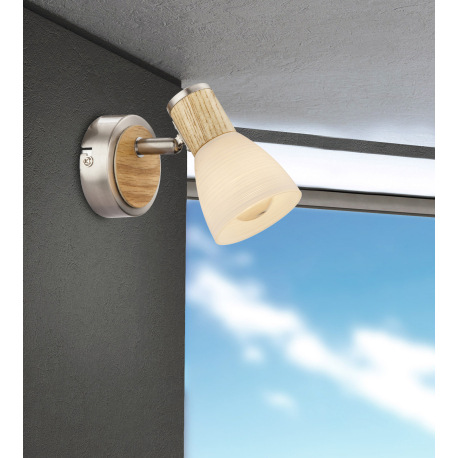 Nástenné svietidlo, nikel matný, drevo, sklo biele pruhované, ŠxV: 80x110, H: 130, bez žiarovky 1xE1 1