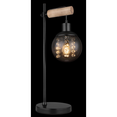 Stolová lampa, kov čierny matný, drevo prírodnej farby, sklo dymové, plastové krištále priehľadné, k 9