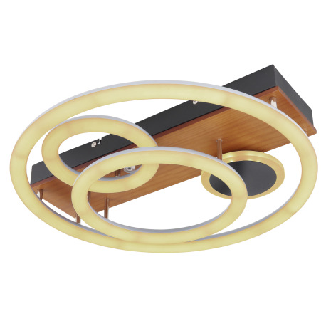 Stropné svietidlo, kov čierny, drevo hnedé, plast opál, stmievateľné, viackrokové ovládanie cez nást 8