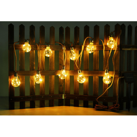 Solárne svietidlo, reťaz, plast jantár, konopné lano hnedé, 10 žiaroviek, dĺžka napájacieho vedenia 16