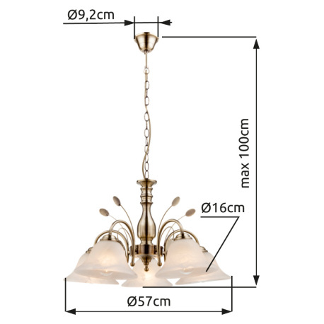 Závesné svietidlo, mosadz, sklo biele alabaster, Ø 600, V: 1000, bez žiaroviek 5xE27, max. 60W 230V. 2