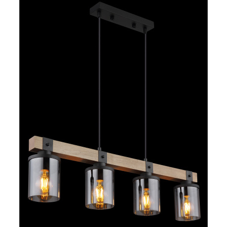 Závesné svietidlo kov čierny matný, drevo tmavohnedé, sklo dymovej farby, kábel PVC čierny, DxŠxV: 7 2