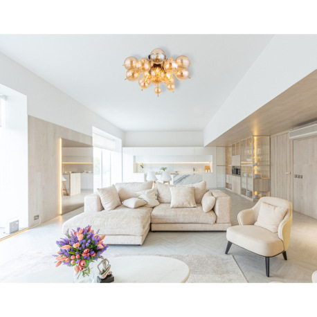 Stropné svietidlo, kov čierny, kov zlatej farby, sklenené gule jantárové, ø: 550 mm, V: 280 mm, skle 1