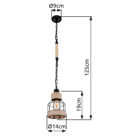 Závesné svietidlo, kov čierny matný, konopné lano, čierna reťaz, Ø 140, V: 1250, bez žiarovky 1xE27, 6