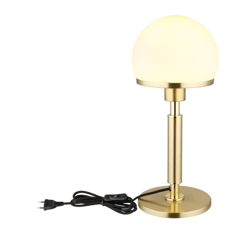 Stolové svietidlo, kov mosadzná farba, sklo biele, textilný kábel čierny, kolískový vypínač na kábli 3