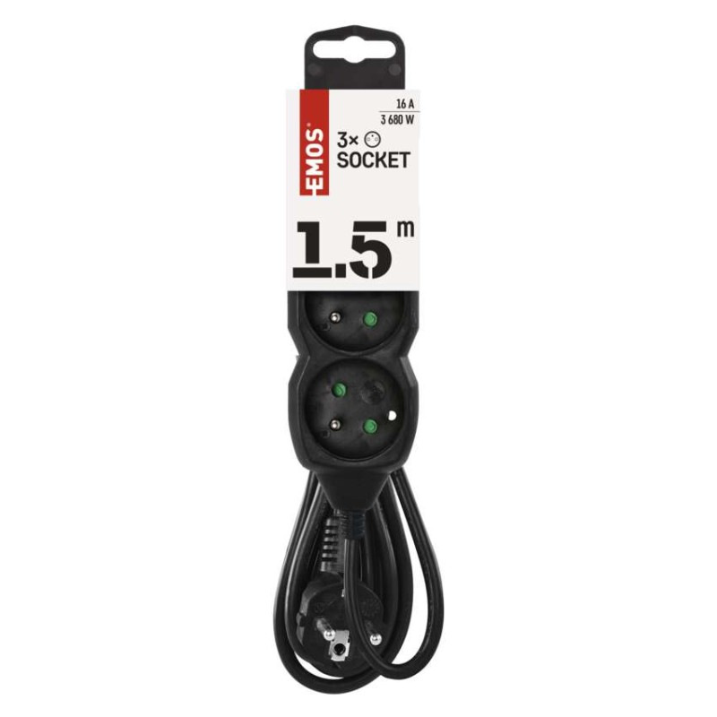 Predlžovací kábel 1,5 m / 3 zásuvky / čierny / PVC / 1 mm2