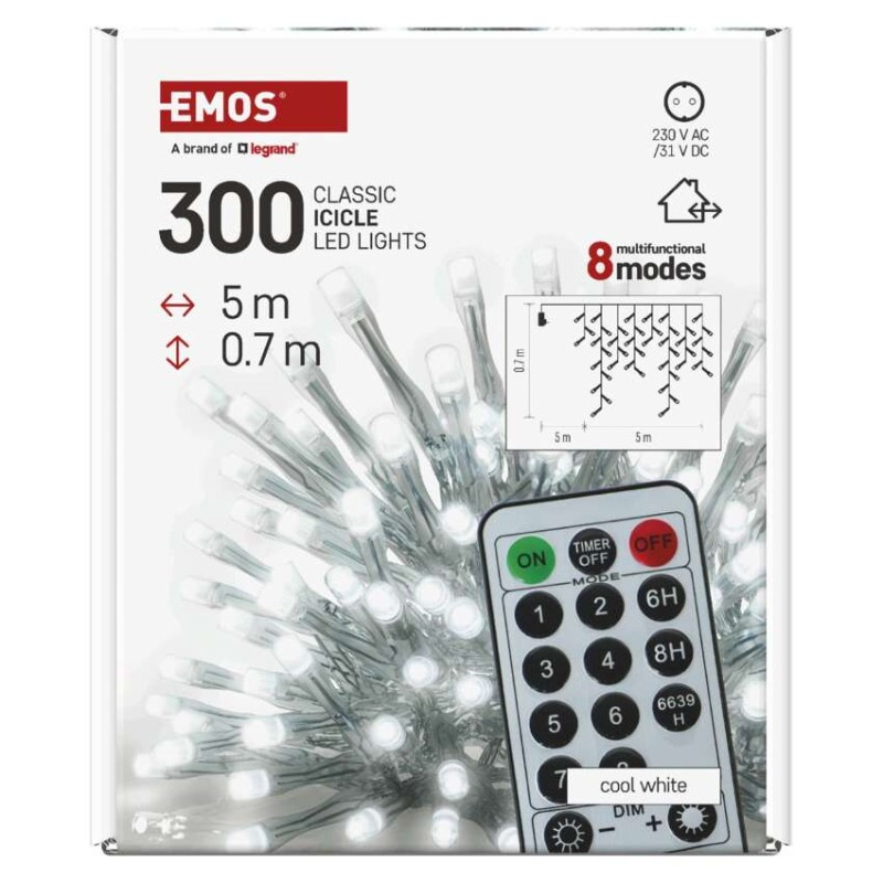 LED vianoč. cencúle, 5 m, vonkajšie aj vnútor., studená biela, ovládač, programy, časovač 9