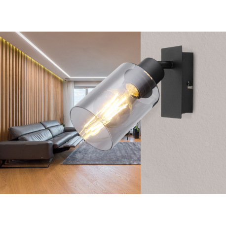 Nástenné svietidlo, kov čierny, dymové sklo, s vypínačom, ŠxV:90x200mm, H: 180mm, bez žiarovky 1x E2 1