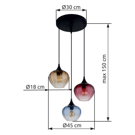 Závesné svietidlo, kov čierny matný, sklo modré/číre, sklo červené/číre, sklo jantárové/číre, kábel 7