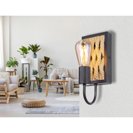 Nástenné svietidlo, kov čierny matný, konopné lano, ŠxV:120x280, H:130, bez žiarovky 1xE27, max. 60W 1