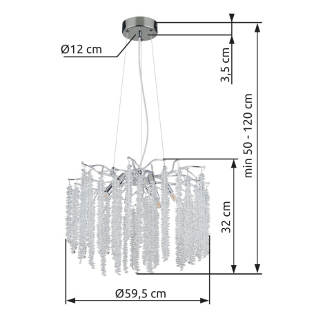 Závesné svietidlo, kov chróm, pochrómovaný hliník, číre plastové krištále, priehľadný PVC kábel, výš 8