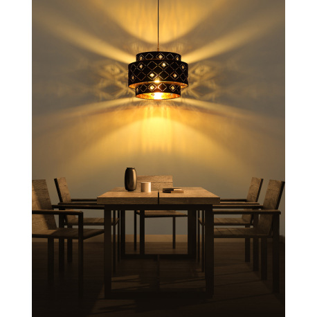 Závesné svietidlo, kov čierny, textil čierny, akrylové krištále priehľadné, tienidlo z vnútra zlaté, 1