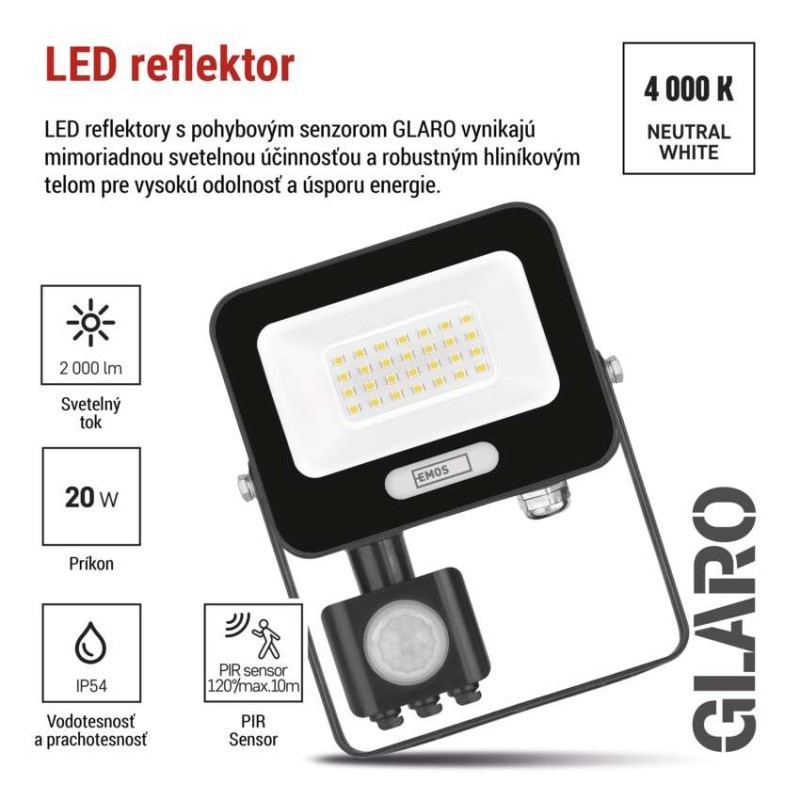 LED reflektor GLARO s pohybovým čidlom, 20 W, čierny, IP54, 2000 lm, neutrálna biela 12