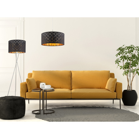 Stojanové svietidlo, kov nikel matný, textil čierny a zlatý, tienidlo s ozdobným dierovaním, kábel 1 7