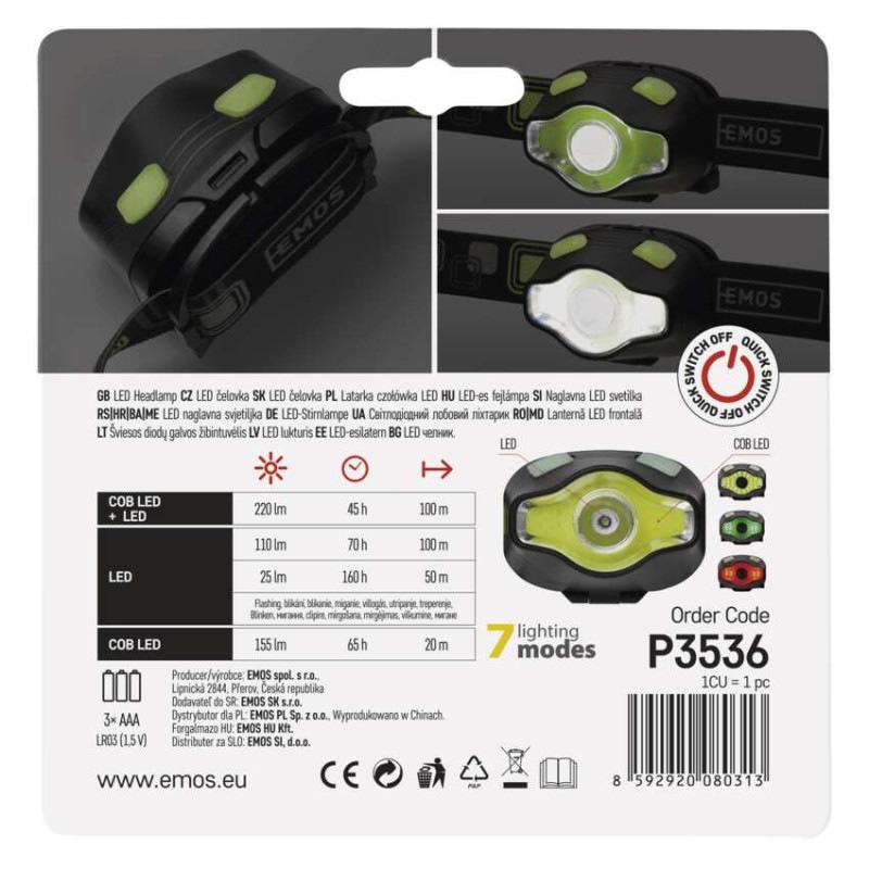 COB LED + LED čelovka P3536, 220 lm, 100 m, 3× AAA 6