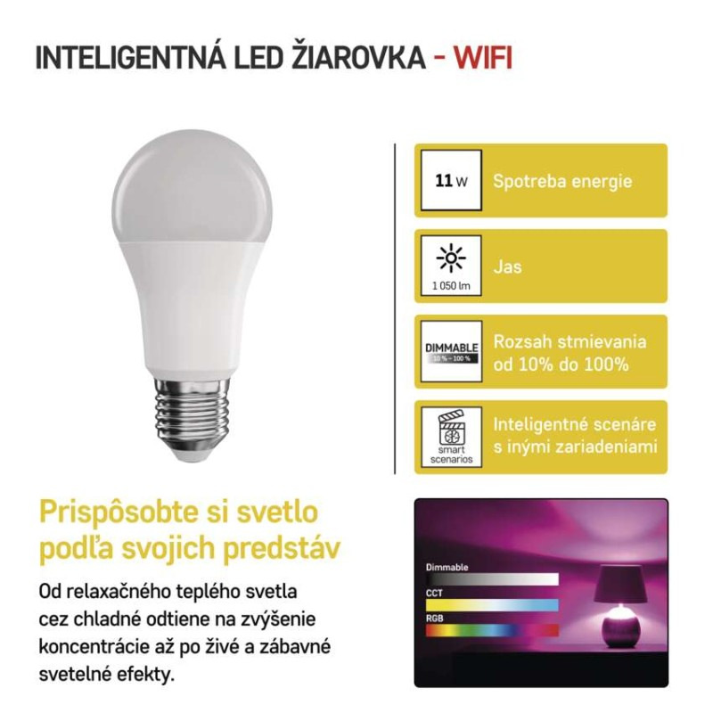 LED žiarovka GoSmart A60 / E27 / 11 W (75 W) / 1 050 lm / RGB / stmievateľná / WiFi 2